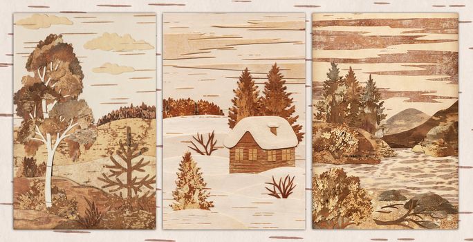 Set Russian Siberian natural landscapes. Handmade, application from slices of an underside of a birch bark