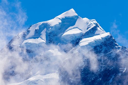 Icy summit top of iconic Aoraki Mount Cook highest peak of South Island  New Zealand