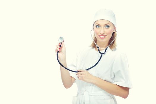 Smiling female doctor in uniform with stethoscope. Vibrant colors added