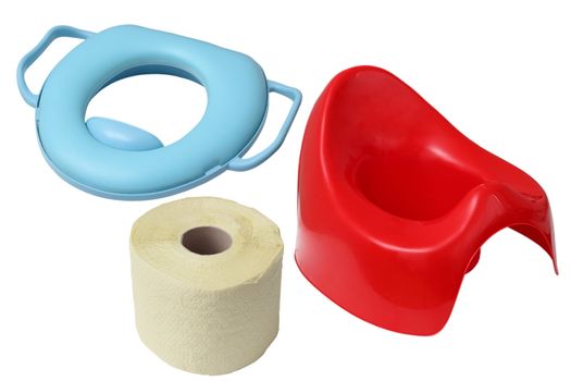 object for the baby - red potty, toilet paper and bowl