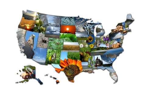 The image of map of states of USA consisting of photos