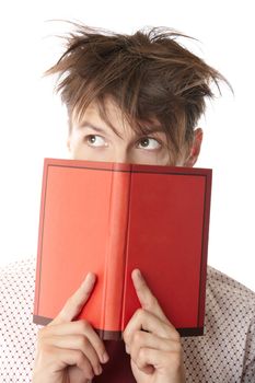 Crazy student holding red book on a white background