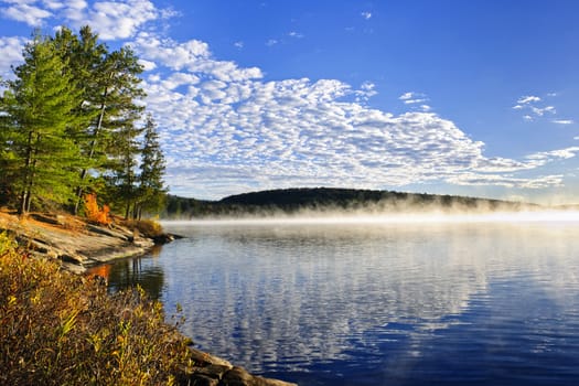 Foggy lake shore at sunrise in fall,  Lake of Two Rivers, Ontario, Canada