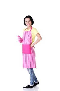 Young housewife in pink apron ang glove, isolated on white