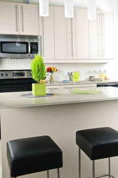 Modern kitchen interior with island and natural stone countertop