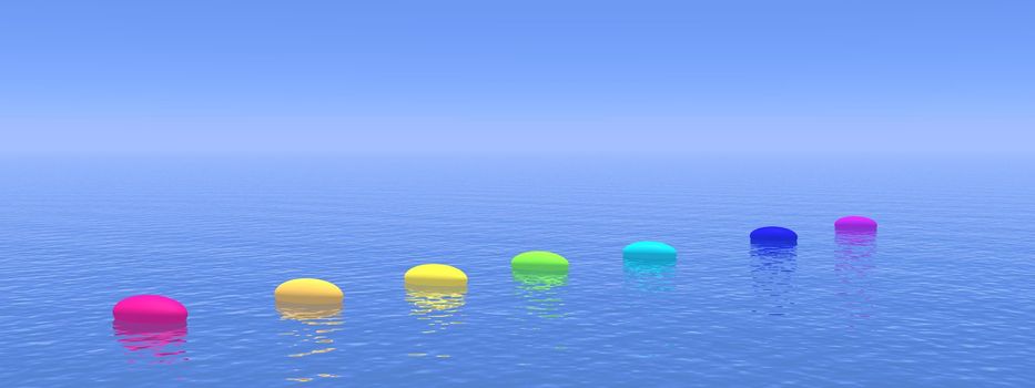 Seven pebbles with chakras colors upon the deep blue ocean, horizon in the background