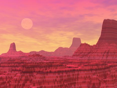 Red landscape with rocky mountains like canyons and planets by sunset