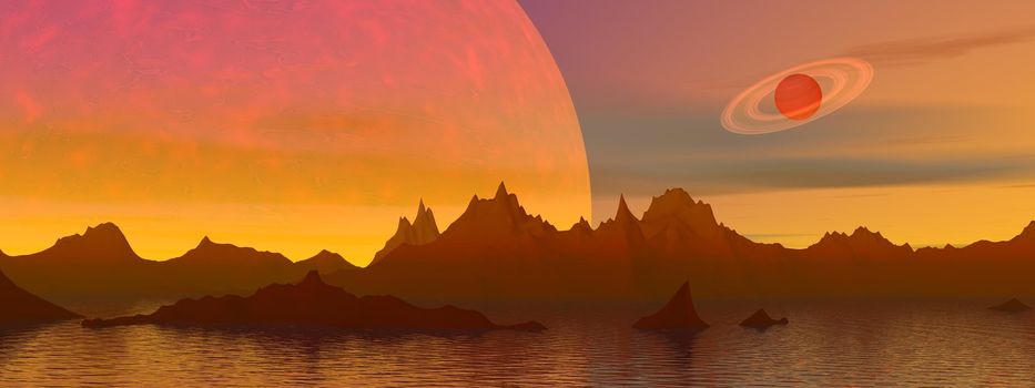 Red landscape with rocky mountains, water and planets