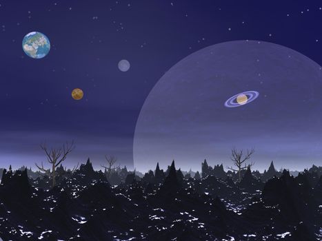 Nightime landscape with sharp rocky mountains, dead trees and planets