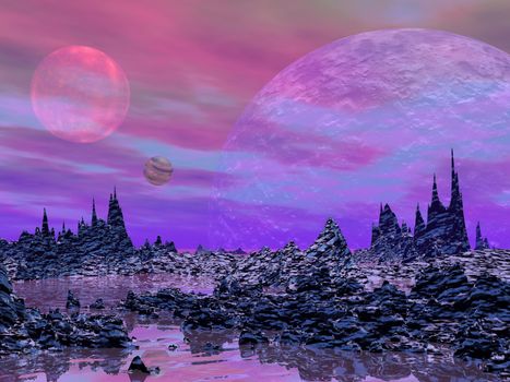 Violet landscape with rock mountains, water and planets