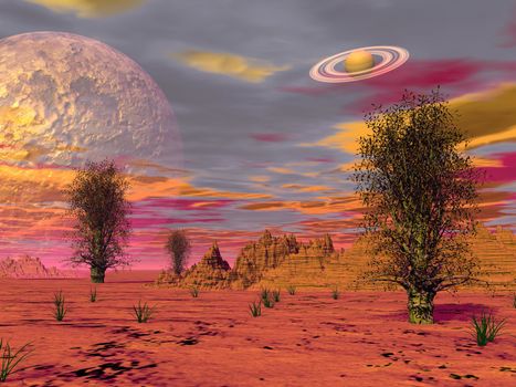 Brown landscape with rock mountains in the desert, trees, fog and planets