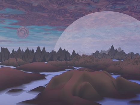 Violet landscape with rock mountains, trees, fog and planets