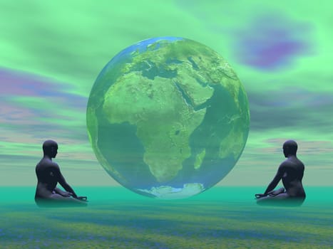 Two humans meditating in front of an earth in green background