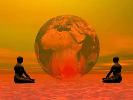 Two humans meditating in front of an earth that is burning inside, colorful background