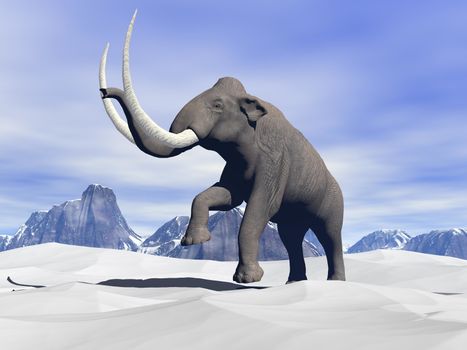 Big mammoth walking slowly in the snowy mountain