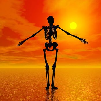 Shadow of a skeleton standing on the water and facing the sun by red sunset