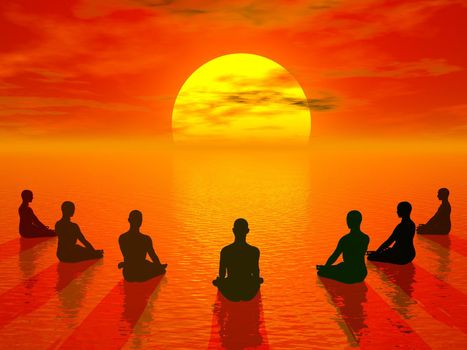 Human sitting in lotus position and meditating in front of the sun by beautiful sunset