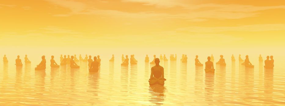 Many human beings meditating together by sunset