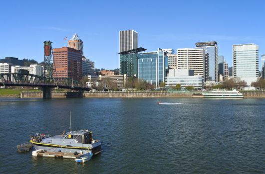 Portland OR. skyline and the Willamette river.