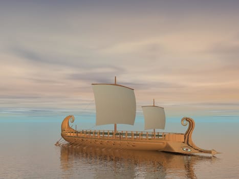 Old greek trireme boat on the ocean by cloudy weather
