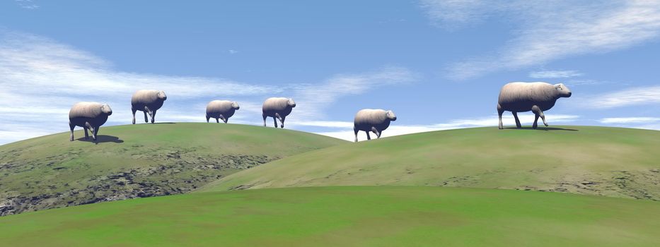White sheeps walking upon green hills by cloudy weather