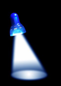 Blue glowing lamp with beam of light on dark background