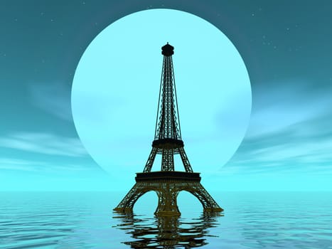 Eiffel tower in front of big moon and upon water by green night