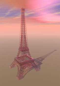 Eiffel tower made of pink transparent glass in sunset background
