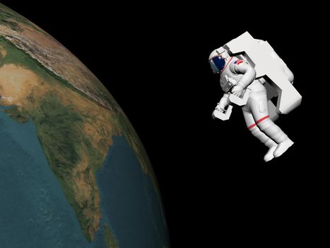 Astronaut floating in black background for space and looking at the earth - Elements of this image furnished by NASA