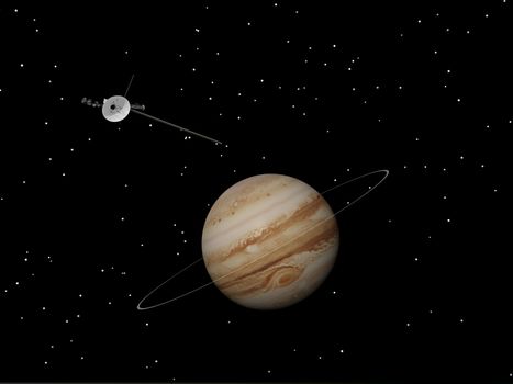 Voyager spacecraft near Jupiter and its unrecognized ring by night - Elements of this image furnished by NASA