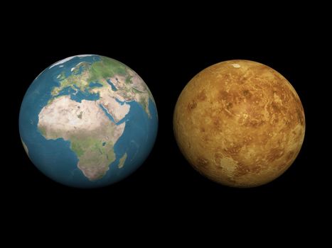 Earth and Venus planets aside to compare sizes in black background - Elements of this image furnished by NASA