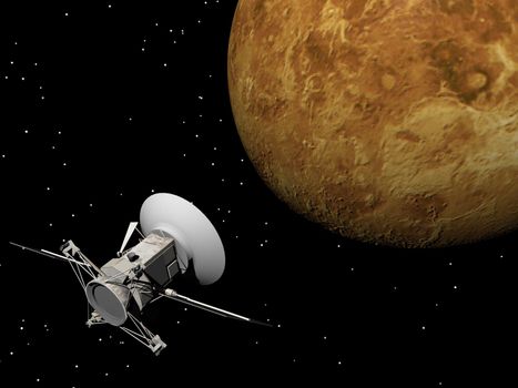 Magellan spacecraft near Venus planet by night - Elements of this image furnished by NASA