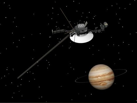 Voyager spacecraft near Jupiter and its unrecognized ring by night - Elements of this image furnished by NASA