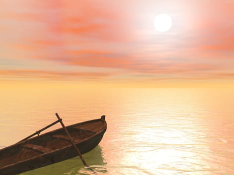 Old brown wood boat with two paddles staying on the quiet water by sunset