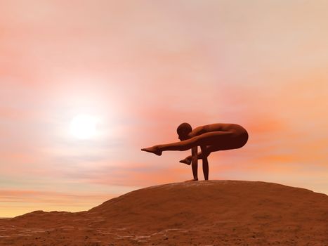 Young woman doing fire fly pose, tittibhasana, while practicing yoga outside in front of sunset