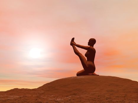 Young woman doing heron pose, krounchasana, while practicing yoga outside in front of sunset