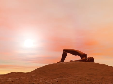 Young woman doing bridge pose, setu bandha sarvangasana, while practicing yoga outside in front of sunset