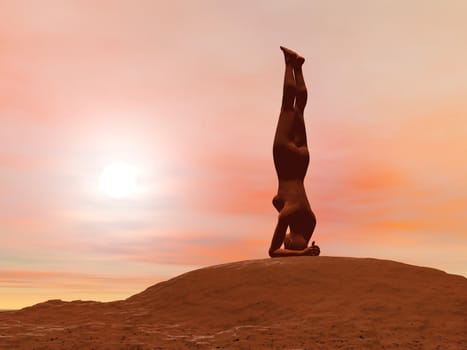 Young woman doing head stand pose, salamba shirshasana, while practicing yoga outside in front of sunset