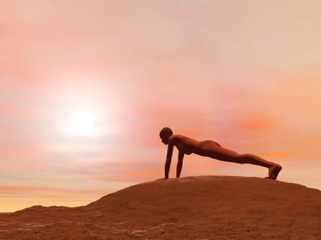 Young woman doing plank pose, adho mukha dandasana, while practicing yoga outside in front of sunset