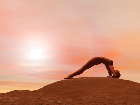 Young woman doing upward facing pose, dwi pada viparita dandasana, while practicing yoga outside in front of sunset