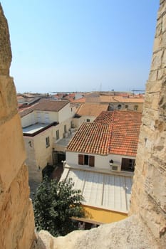 View of Saintes-Maries-de-la-mer from the fortified church by beautiful summer day, Camargue, France