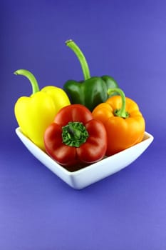 Red, Orange, Green and Yellow sweet pepper in white Bowl.