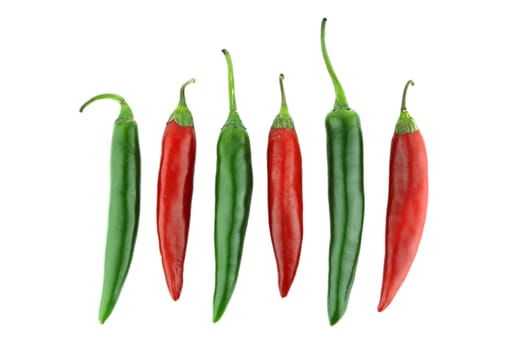 Green and red hot chili pepper on a white background