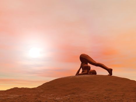 Young woman doing plough pose, halasana while practicing yoga outside in front of sunset