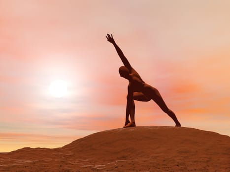 Young woman doing revolved side angle pose, parivrtta parsvakonasana while practicing yoga outside in front of sunset