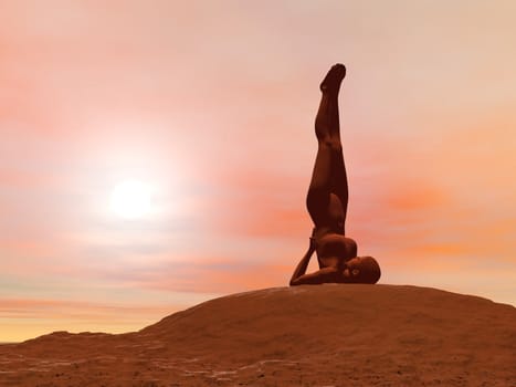 Young woman doing shoulder stand pose, sarvangasana while practicing yoga outside in front of sunset