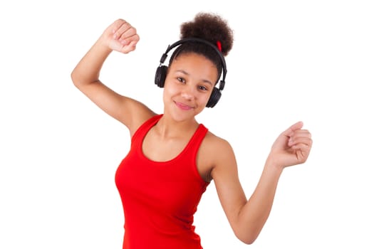 young african american girl listening music isolated