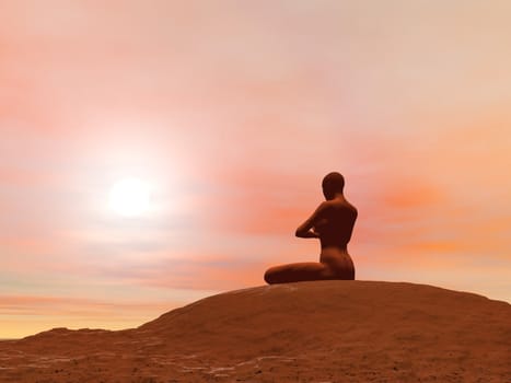 Young woman doing meditation pose, padmasana while practicing yoga outside in front of sunset