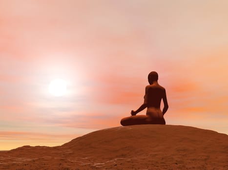 Young woman doing meditation pose, padmasana while practicing yoga outside in front of sunset