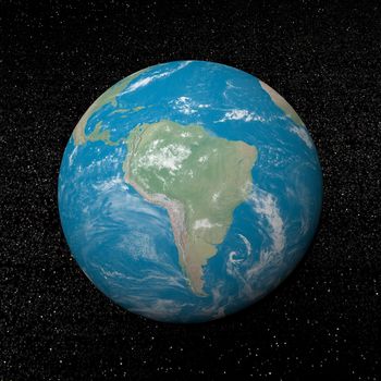 South america on earth and universe background with stars - 3D render